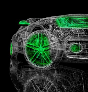 3D araba modeli siyah zemin.