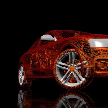 3D araba modeli siyah zemin.