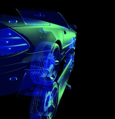 3D araba modeli siyah zemin.