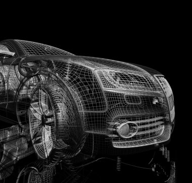 3D araba modeli siyah zemin.