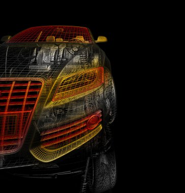 3D araba modeli siyah zemin.