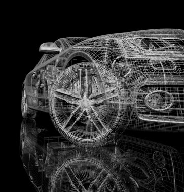 3D araba modeli siyah zemin.