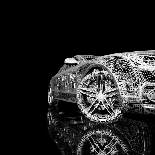 3D araba modeli siyah zemin.