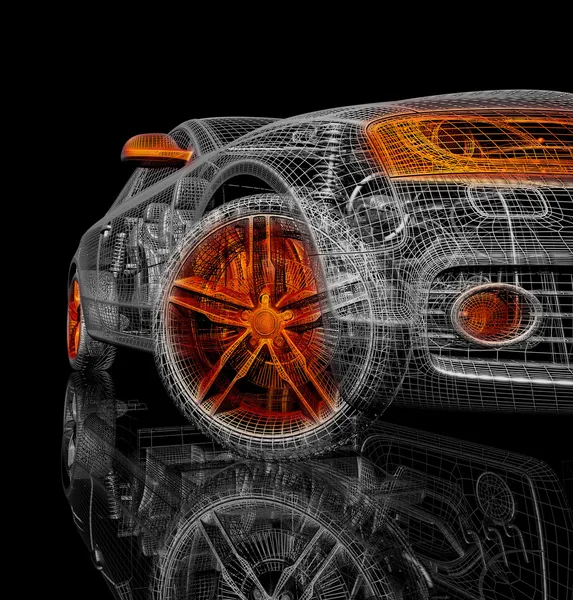3D-Automodell auf schwarzem Hintergrund. — Stockfoto
