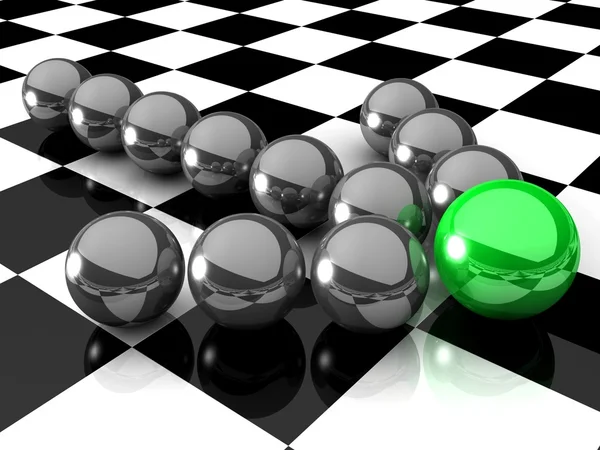 3D Серый стрелка шаров с зеленым лидером впереди — стоковое фото