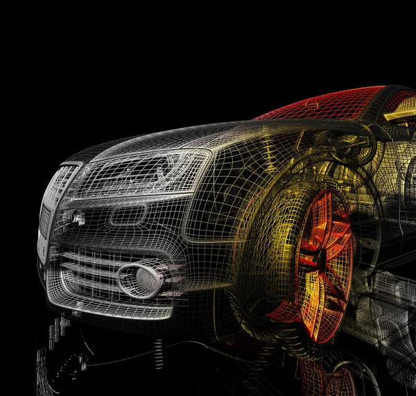 3D-Automodell auf schwarzem Hintergrund. — Stockfoto