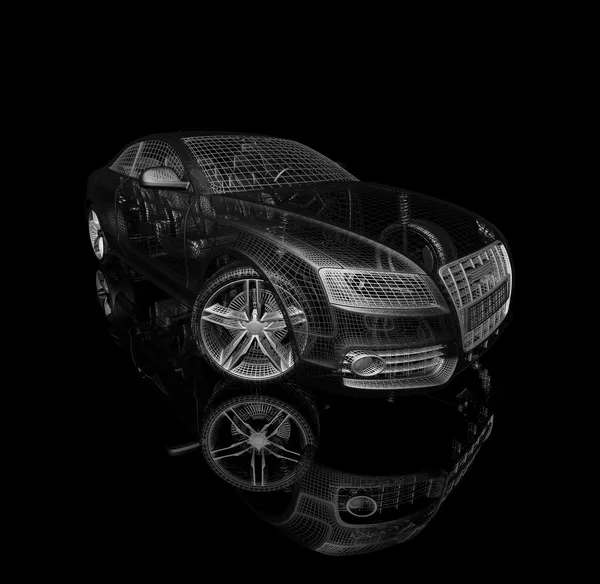 Modelo de carro 3d em um fundo preto . — Fotografia de Stock