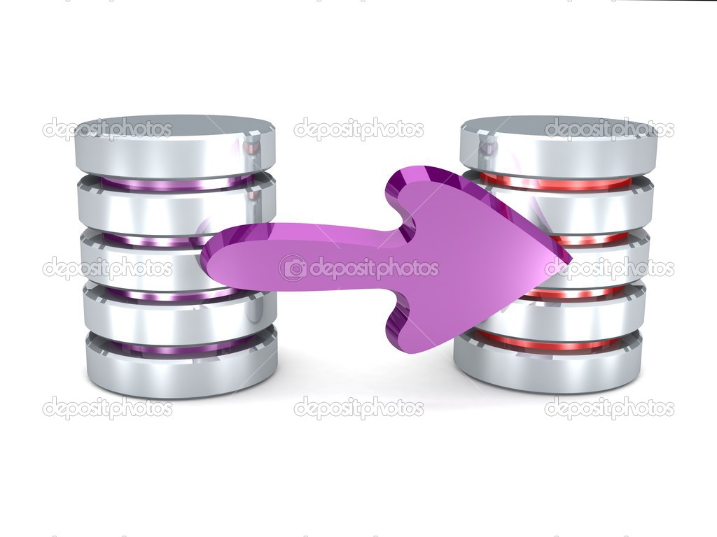 Database backup concept: two metal hard disk icons with arrow