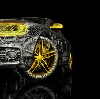Araba 3d model siyah bir arka plan.