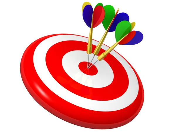 Business and Sports concept with 3d darts in bullseye — Stock Photo, Image