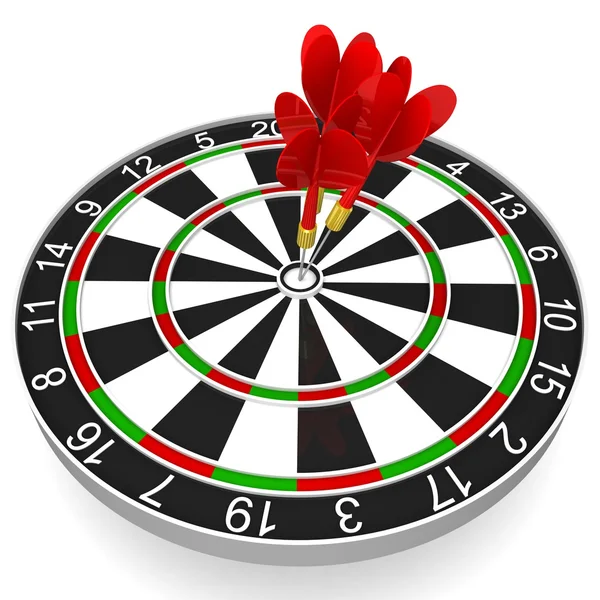 Business and Sports concept with 3d darts in bullseye — Stock Photo, Image
