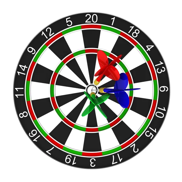 Conceito de negócios e esportes com dardos 3d em bullseye — Fotografia de Stock