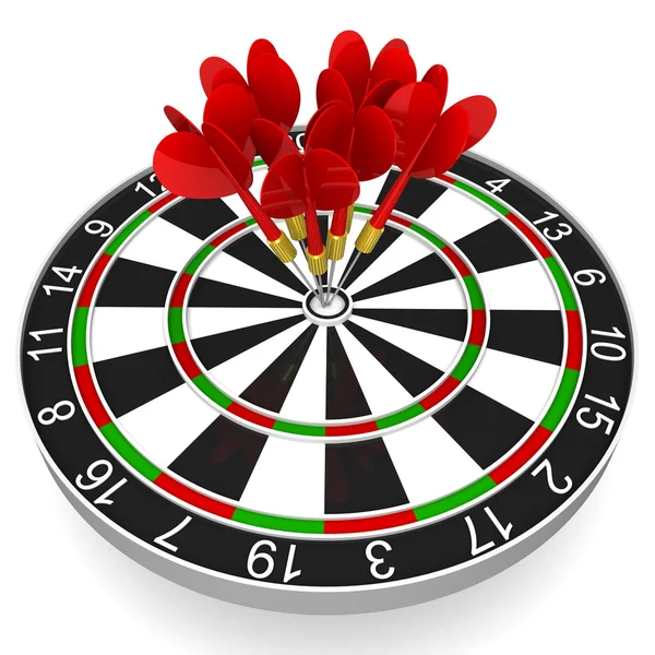 Business and Sports concept with 3d darts in bullseye — Stock Photo, Image