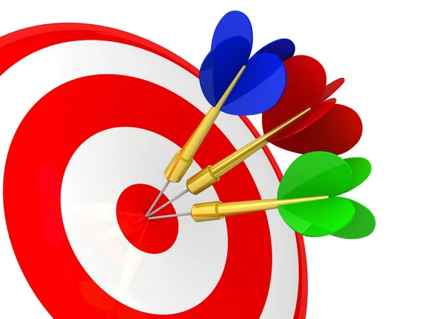 Business and Sports concept with 3d darts in bullseye — Stock Photo, Image