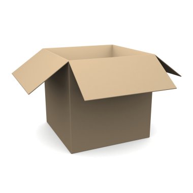 Kutuyu açın. 3D boş beyaz zemin üzerine izole karton kutu açıldı.