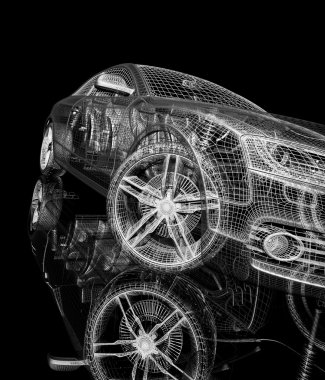 Araba 3d model siyah bir arka plan.