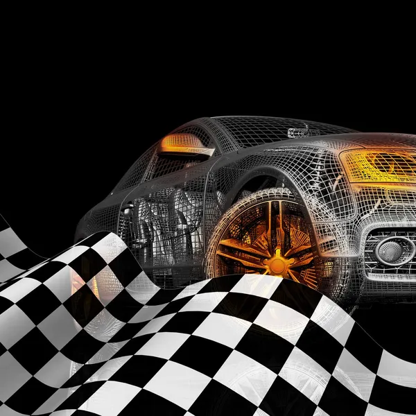 Samochód z flagą. 3D model samochodu na czarnym tle. — Zdjęcie stockowe