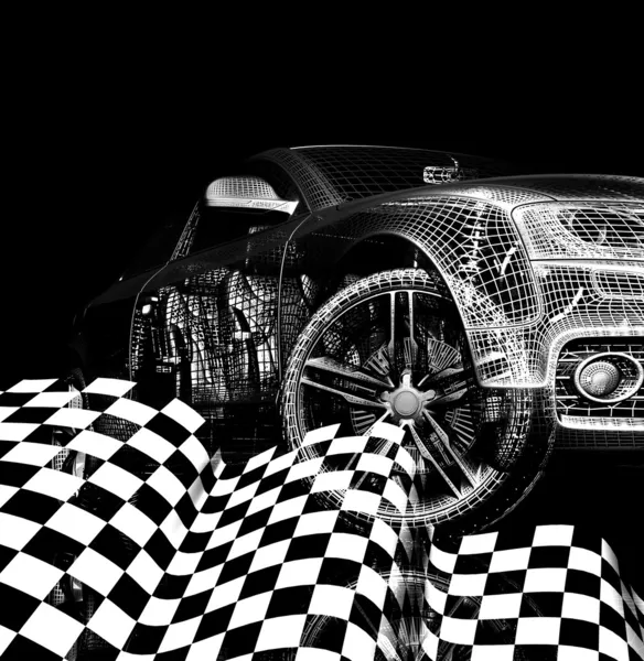 Coche con bandera. modelo de coche 3d sobre un fondo negro . — Foto de Stock