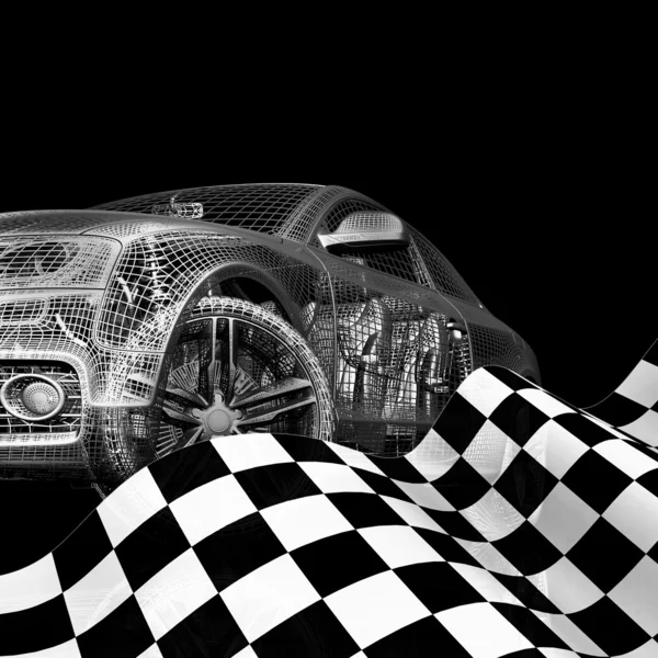 Samochód z flagą. 3D model samochodu na czarnym tle. — Zdjęcie stockowe