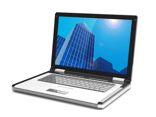 Arranha-céus na tela do laptop — Fotografia de Stock