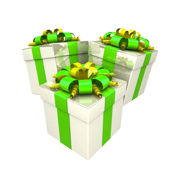 Geschenkboxen, mit einem bunten Band wie ein Geschenk. — Stockfoto