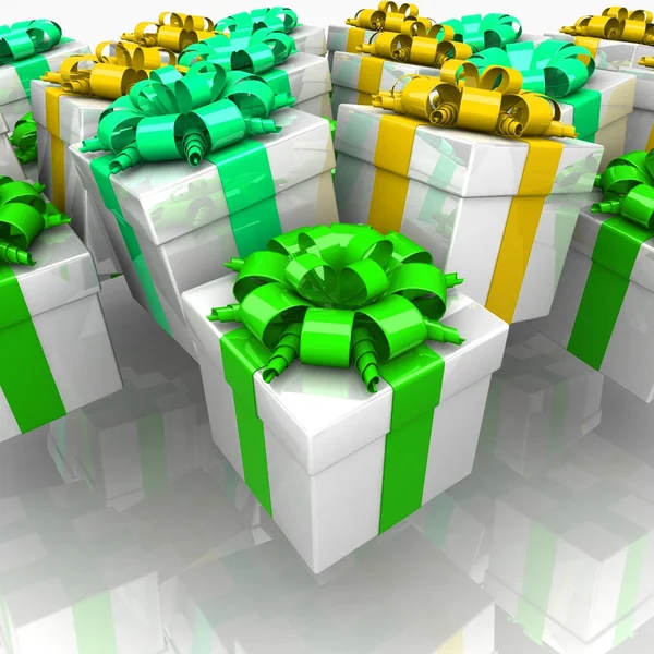 Geschenkboxen, mit einem bunten Band wie ein Geschenk — Stockfoto
