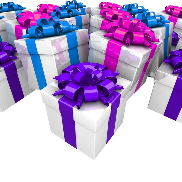 Geschenkboxen, mit einem bunten Band wie ein Geschenk. — Stockfoto