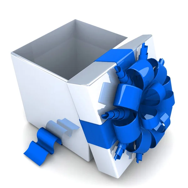 Белая подарочная коробка открытая полосатыми лентами синего цвета . — стоковое фото