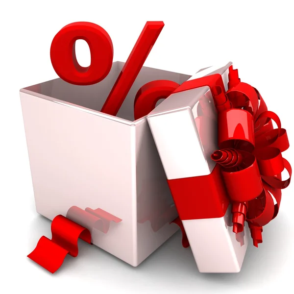 Procent korting voor gratis! geopende geschenkdoos, met een rood lint — Stockfoto