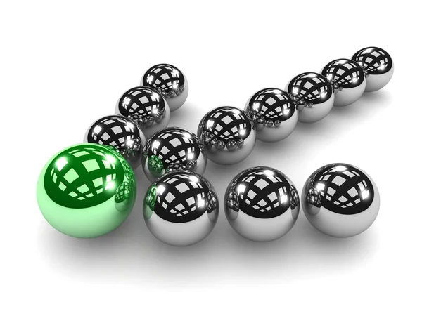 Grey arrow of balls with green leader — Stock Photo, Image