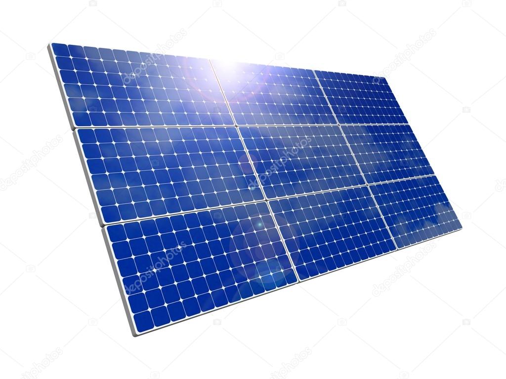 Solar panels, blue sky background.