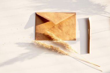 Yeniden kullanılabilir çevre dostu kağıt küre kalem ve beyaz arka planda geri dönüştürülmüş kağıttan yapılmış bir zarf. Çevre koruma, ekoloji, doğal malzemeler, sıfır atık geri dönüşüm kavramı.