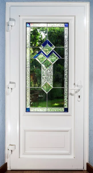 Entrance pvc door with tiffany leaded pane — Stock Photo, Image