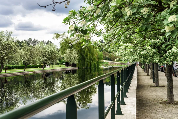 Malé vesnice krajiny s klidná řeka — Stock fotografie