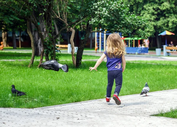 Cute little girl frighting pigeons — Stock Photo, Image