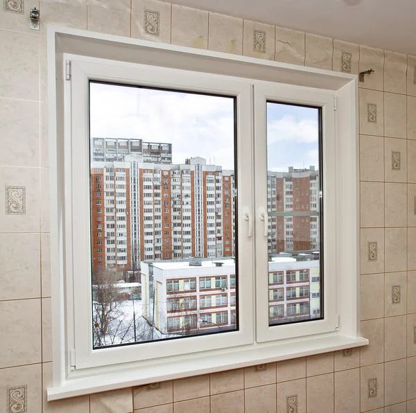 PVC window in city flat — Stock Photo, Image