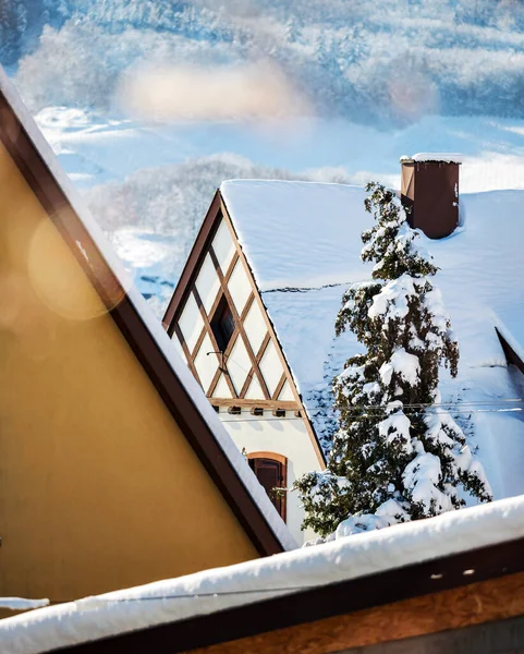 Sunny Winter Day Snow Covered Roofs Houses Village Alsace France — Stock Photo, Image