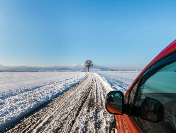 Snöig Väg Fälten Alsace Solig Vinterdag Frankrike — Stockfoto