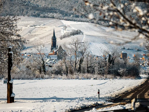 Old Alsatian Town Snow Bell Tower Cathedral Roofs Medieval Houses — ストック写真