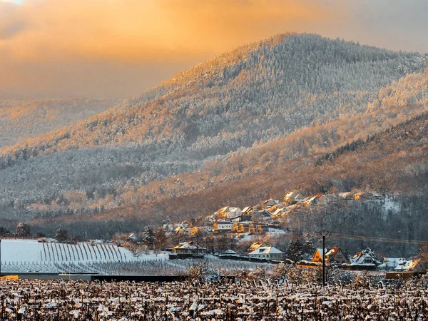 Warm Colors Setting Sun Snowy Foothills Vosges Alsace France — стоковое фото