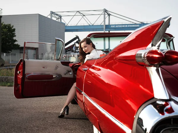 Oldtimer Red Cadillac Beautiful Young Girl France — Fotografia de Stock