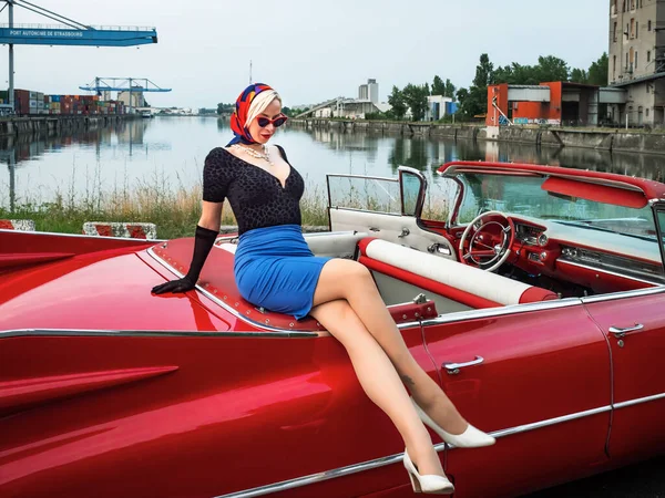 Old Timer Red Cadillac Beautiful Young Girl France — Stock Photo, Image