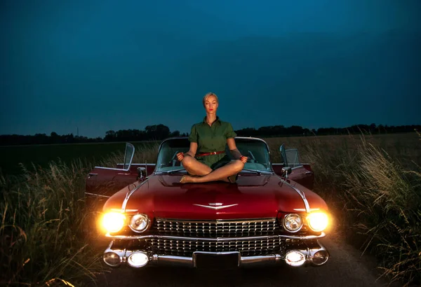 Beautiful Girl Poses Hood Red Convertible Caddy Evening Sunset Germany — стоковое фото