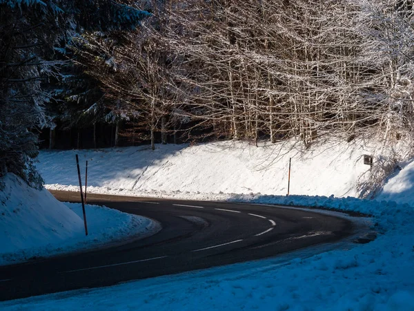 Road Winter Snowy Forest Mountains Vosges Sunny Day — Stok fotoğraf