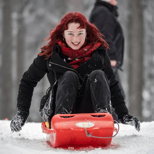 Dziewczyna Czerwonymi Włosami Saniami Zimowym Śniegu Lesie Przyroda — Zdjęcie stockowe