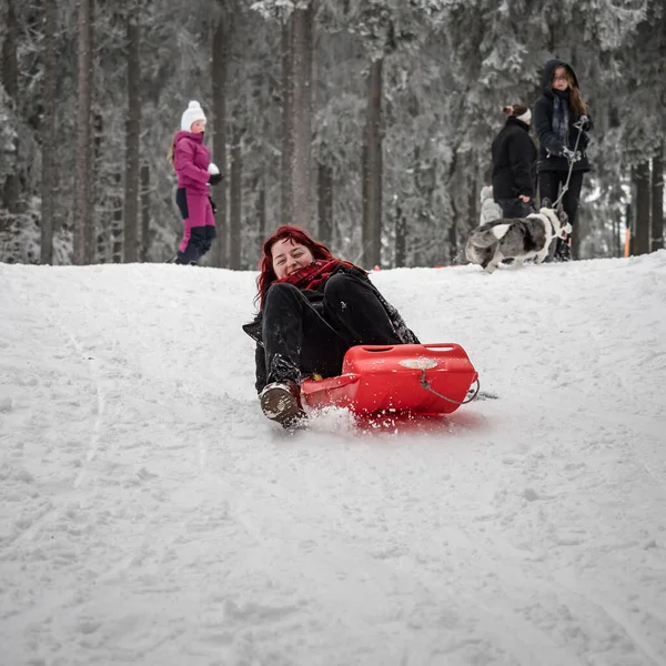 Une Fille Aux Cheveux Roux Traîne Sur Neige Hiver Dans — Photo