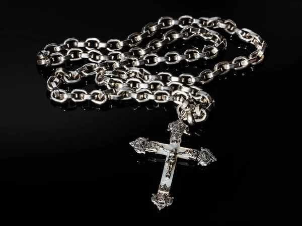 Cruz Católica Plata Nácar Joyas Antiguas Fondo Negro —  Fotos de Stock