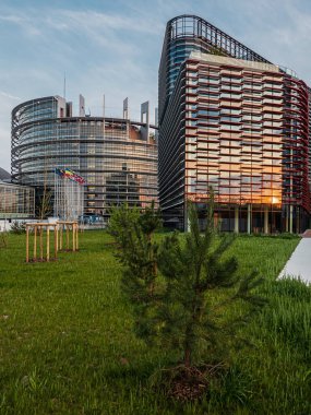 European Parliament building at sunset in Strasbourg, spring evening. France