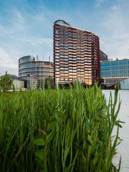 Edifício Parlamento Europeu Pôr Sol Estrasburgo Primavera Noite França — Fotografia de Stock