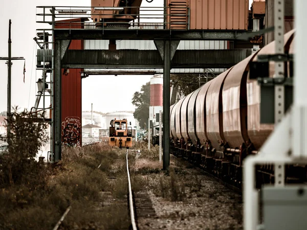 Semaphores Railway Tracks Wagons Port Cranes Old Port Strasbourg — Stok fotoğraf